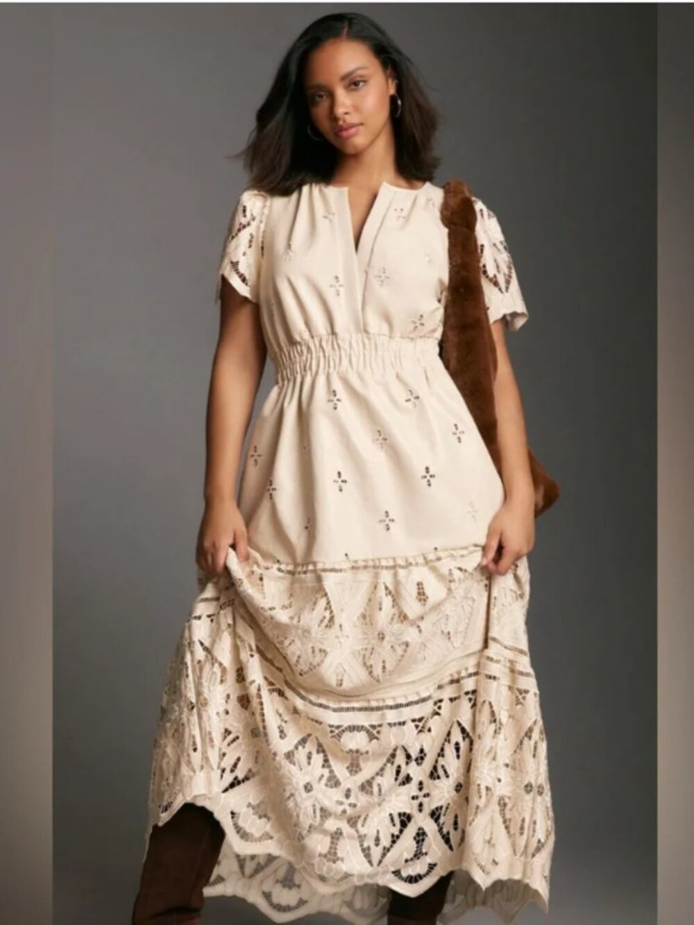 Anthropologie faux leather Cream Lace Maxi Dress